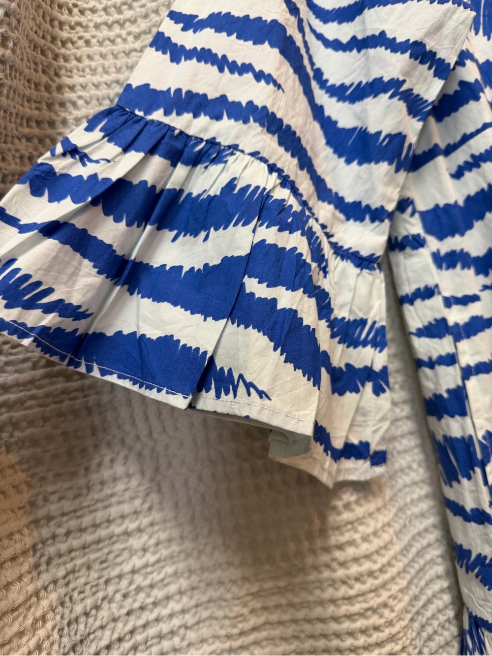 NEW Oliphant Large Blue and White Bell Sleeved Tiered Mini Dress - Picture 2 of 7